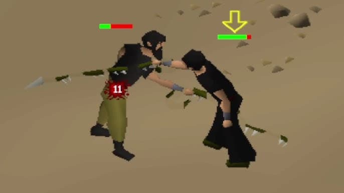 Duel arena in old school runescape. Players doing a whip stake.